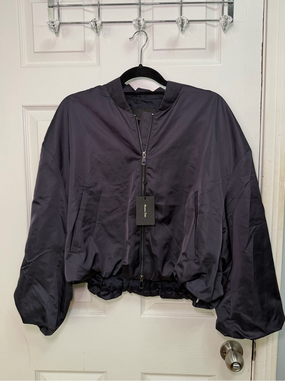 Massimo Dutti - Navy Satin Bomber Jacket with Elastic Hem (brand new)
